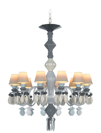 Lladró elegant chandelier in grey and pastel tones with eight lampshades for a stylish interior