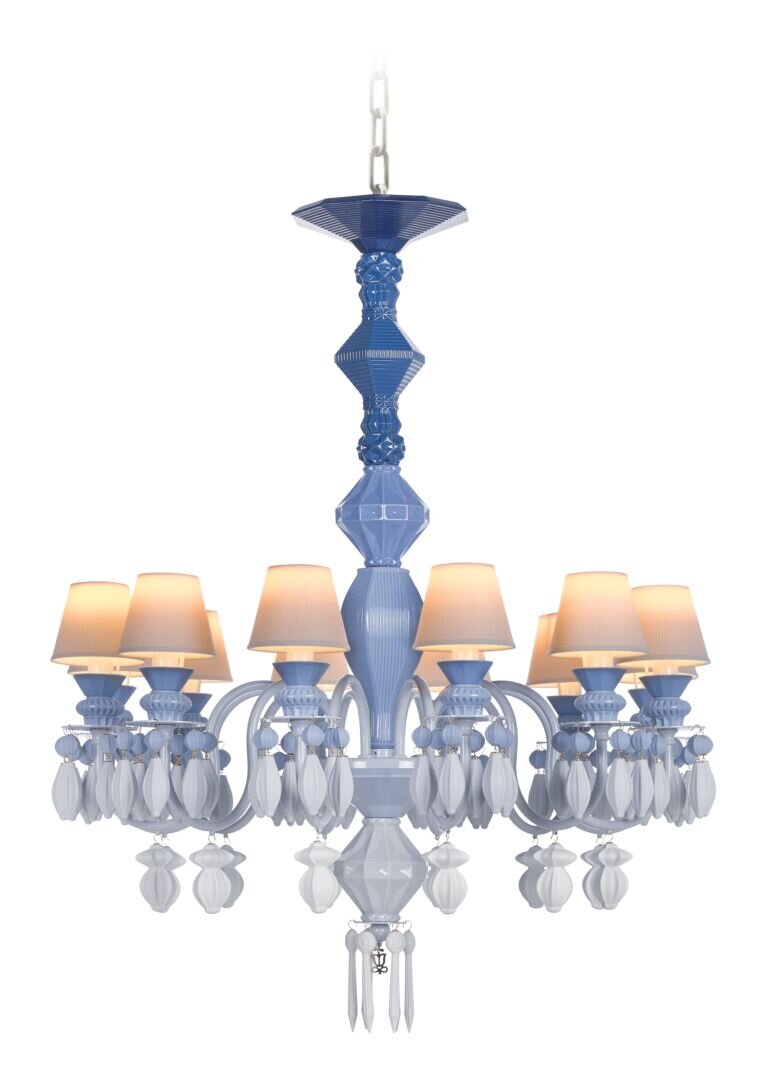 Lladró Glass Chandelier in Blue with Elegant Shades and Intricate Detailing for Stylish Interiors